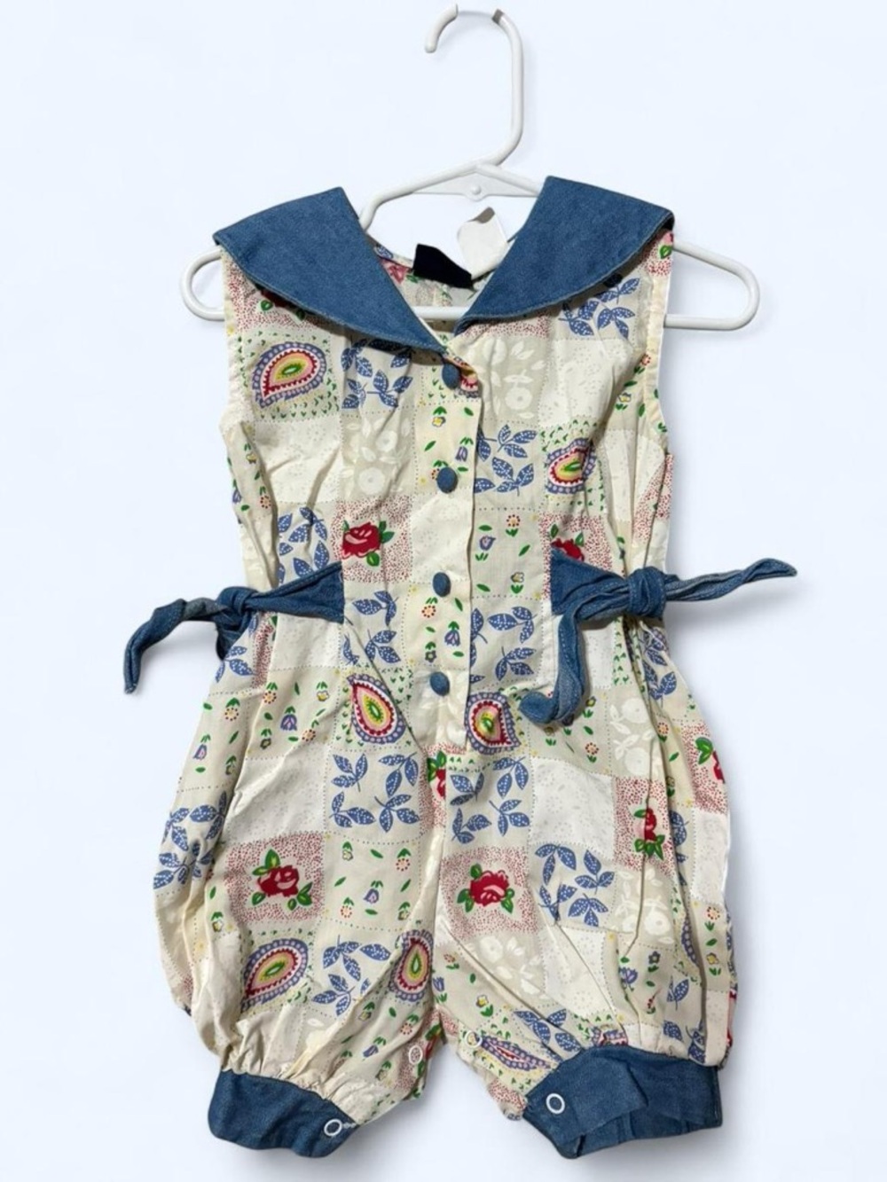 Vintage-90’s Honor Brand Inspired Floral Baby Romper with Denim Trim